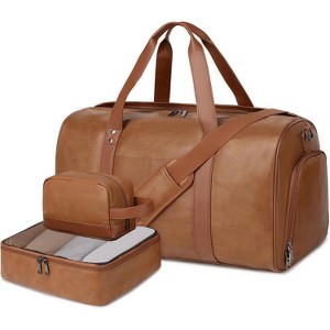 3-Piece Leather Weekender Duffel Bag Set with Shoe Compartment & Toiletry Bag, Large Overnight C - 1 of 4