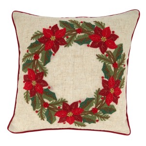Saro Lifestyle Poinsettia Wreath Pillow - Down Filled, 16" Square, Multi - 1 of 3