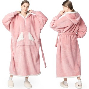 FAAYFIAN Long Faux Shearlin Wearable Blanket Hoodie for Women with Belt, Oversized Hoodie Blanket with Hood & Pocket, Cozy Winter Loungewear - 1 of 4