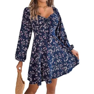 Whizmax Casual Boho Floral Print Balloon Long Sleeve Square Neck Mini Dress - 1 of 4