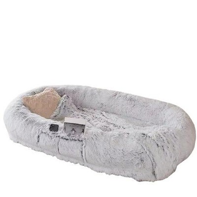 Bencmate Pet Bed Human Size Orthopedic Dog Bed with Storage Pocket Washable Faux Fur Cover for Living Room Bedroom, Gray, 17.34"*14.97"*11.03"