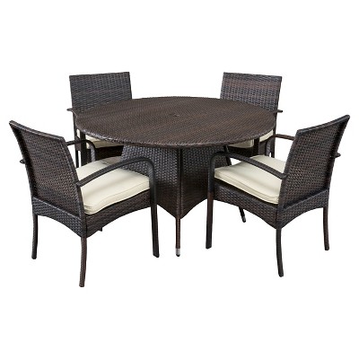 Brown Wicker 4-Person Round Patio Dining Set with Beige Cushions