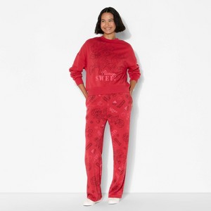 Women's Strawberry Shortcake Print Wide Leg Fleece Graphic Pants - Red - 1 of 3
