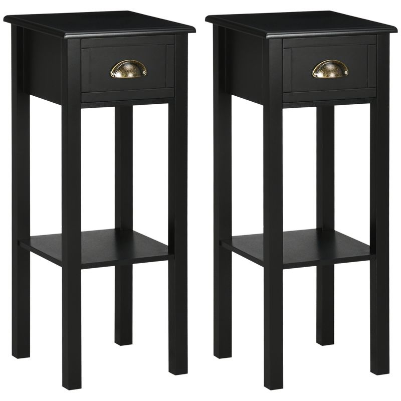 HOMCOM 2-Tier Side Table with Drawer, Narrow End Table with Bottom Shelf, for Living Room or Bedroom, Set of 2, Black, 1 of 7