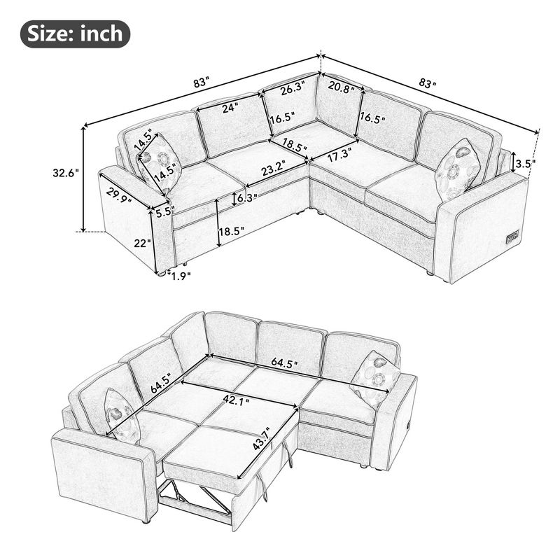 83" L-Shaped Modern Convertible Pullout Sofa Bed with 2 USB Ports, 2 Power Outlets, and 2 Pillows - ModernLuxe, 3 of 15