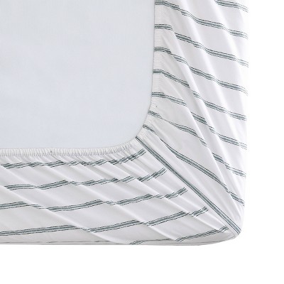 King White and Green Stripe Cotton Percale Sheet Set