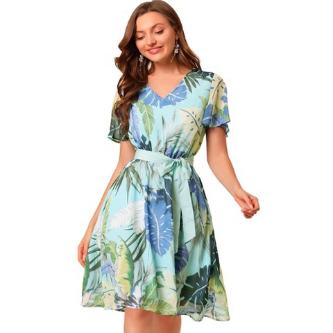 Женские платья INSPIRE CHIC Women's V Neck Flutter Sleeve Chiffon Dresses Green Blue Small