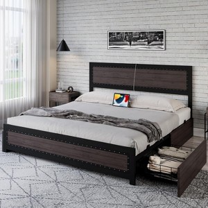 Industrial Metal Bed Frame with Headboard & Charging Station, Rivet Accent Platform Bed with 4 Storage Drawers, Heavy Duty Steel Slats Support, Gray - 1 of 4