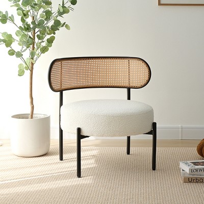 Boucle Accent Chair with Rattan Back,Boucle Rattan Accent Chair with Black Metal Base,Cane Accent Chair For Living Room-The Pop Home