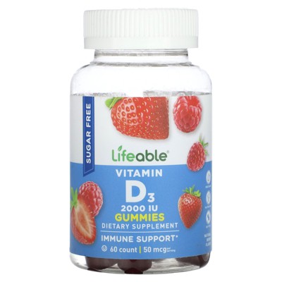 Lifeable Vitamin D3 Gummies, Sugar Free, Natural Berry, 2,000 IU, 60 Gummies (25 mcg (1,000 IU) per Gummy)