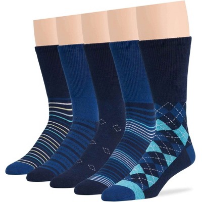 Men Diabetic Non-Binding Fashion Cotton - Crew - Patterned, - Blue, Khaki, Brown - 5 Pack Large/XL | 7BIGSTARS KINGDOM