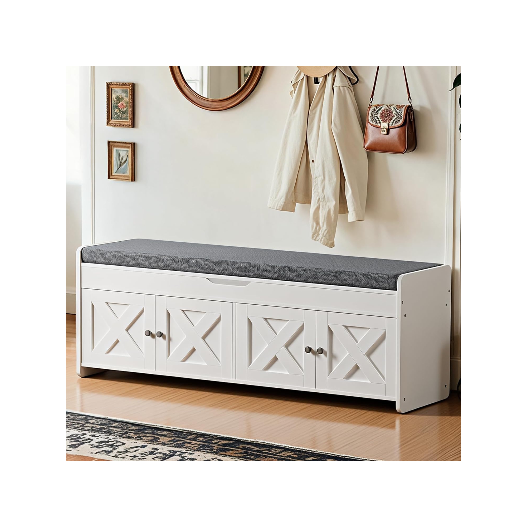 Shoe Storage Bench, 47.2 In Long Entryway Bench with Cushioned Seat Lift Top Storage, 4 Doors, 300 lbs Capacity, Bench with Shoe Rack for Entryway