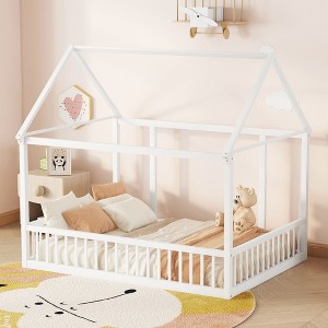 NicBex Twin/Full Size Kids Montessori Bed with House Roof Frame,Floor Bed with Safety Guardrails,Toddler bed for Bedroom,Gray/White/Brown - 1 of 4