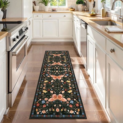 Modern Pastoral Machine Washable Area Rug Non Slip Soft Floral Butterfly Printed Indoor Floor Cover Low Pile Non Shedding Rug for Living Room Bedroom