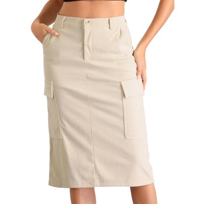 Allegra K Women's High Waisted Elastic Back Corduroy Midi Cargo Skirts with Pockets