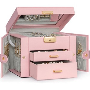 Leather Jewelry Box with Mirror & Lock, 3-Tier Organizer with 2 Drawers for Necklaces & Bracelets - 1 of 4