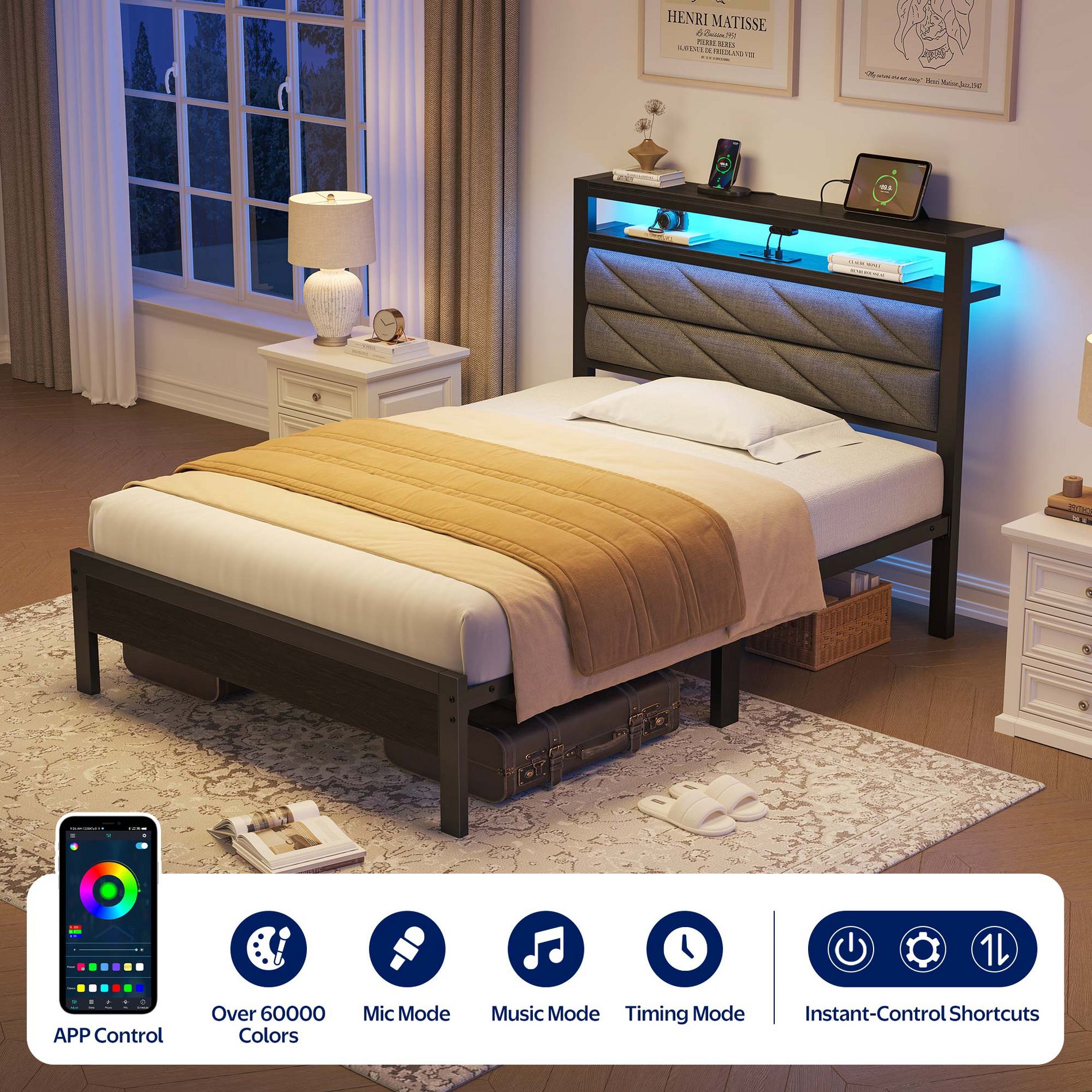 Greenstell Twin Bed Frame with Upholstered Storage Headboard & Charging Station Grey