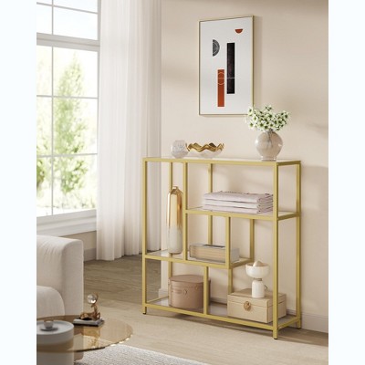 Transparent and Pale Gold 4 - Tier Bookcase - 11.8 x 39.4 x 40.6 Inches Freestanding Shelf. Ideal for Living Room, Office, Bedroom & Kitchen Storage