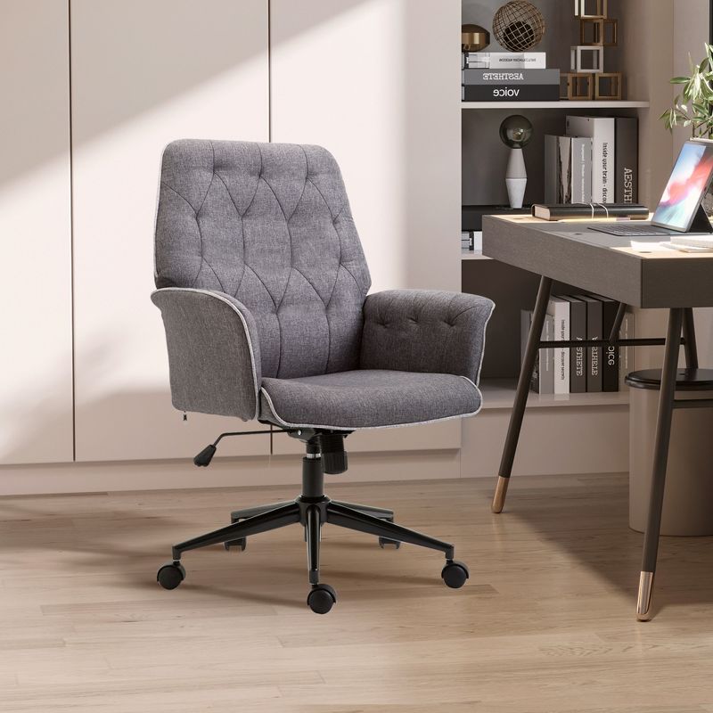 Vinsetto Modern Mid-Back Tufted Linen Home Office Desk Chair with Arms, Swivel Adjustable Task Chair, Upholstery Accent Chair with Soft Seat, Gray, 3 of 7