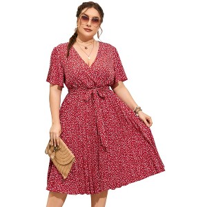 Plus Size Women's Pleated Midi Dress with Belt Flowy Casual Elegant Knee Length Dress for Work Summer - 1 of 4