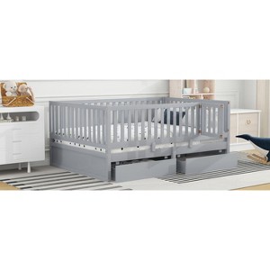 NicBex Full Size Wood Montessori Bed with 2 Drawers,Floor Bed with Safety Guardrails and Split Into 2 Beds,Modern Toddler Bed for Bedroom - 1 of 4