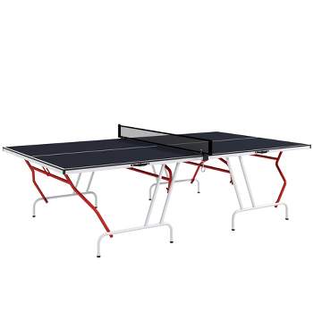 Soozier Full Size Ping Pong Table, Folds into Quarters, Portable Table Tennis Table with Net, Paddles, Balls, MDF, Charcoal Gray