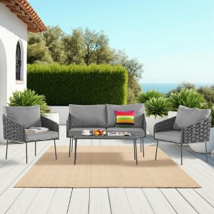 Modern 4-Piece Patio Set Steel Frame with Teslin Rope & Plastic-Wood Table, 600lb Capacity Deep Seating for Outdoor Living - 1 of 4