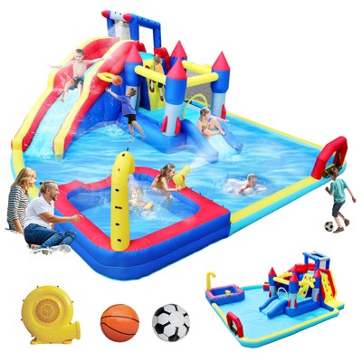 Aukfa 10-in-1 Castle Inflatable Water Park, Dual Slides, Climbing Wall, Splash Pool, Water Cannon, Soccer Goal & Blower for Indoor