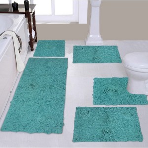 Bell Flower Collection Bath Rugs, Extra Soft and Absorbent, Non-Slip Bath Mats, Machine Washable Bathroom Mats, 5 Pcs Set with Runner, Turquoise - 1 of 4