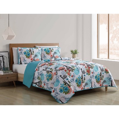 Eiffel Blue Reversible Microfiber Full Quilt Set
