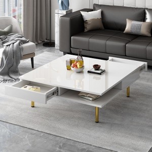 KTMBDW 2-Tier Coffee Table with 4 Golden Legs and 2 Small Drawers for Small Apartment Living Room, Square Wood High Gloss End Table - 1 of 4