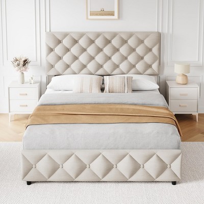 Platform Bed Frame with Adjustable Headboard and 4 Drawers, Modern  Upholstered Bed Frame with Footboard