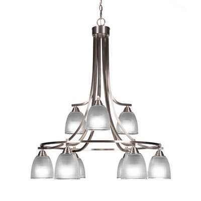 Toltec Lighting Paramount 9 - Light Chandelier in  Brushed Nickel with 5" Clear Ribbed Shade
