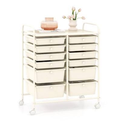 Tangkula 12-Drawer Rolling Storage Cart Multipurpose Organizer Cart with 2 Sizes Plastic Drawers Mobile Utility Cart with Lockable Casters White
