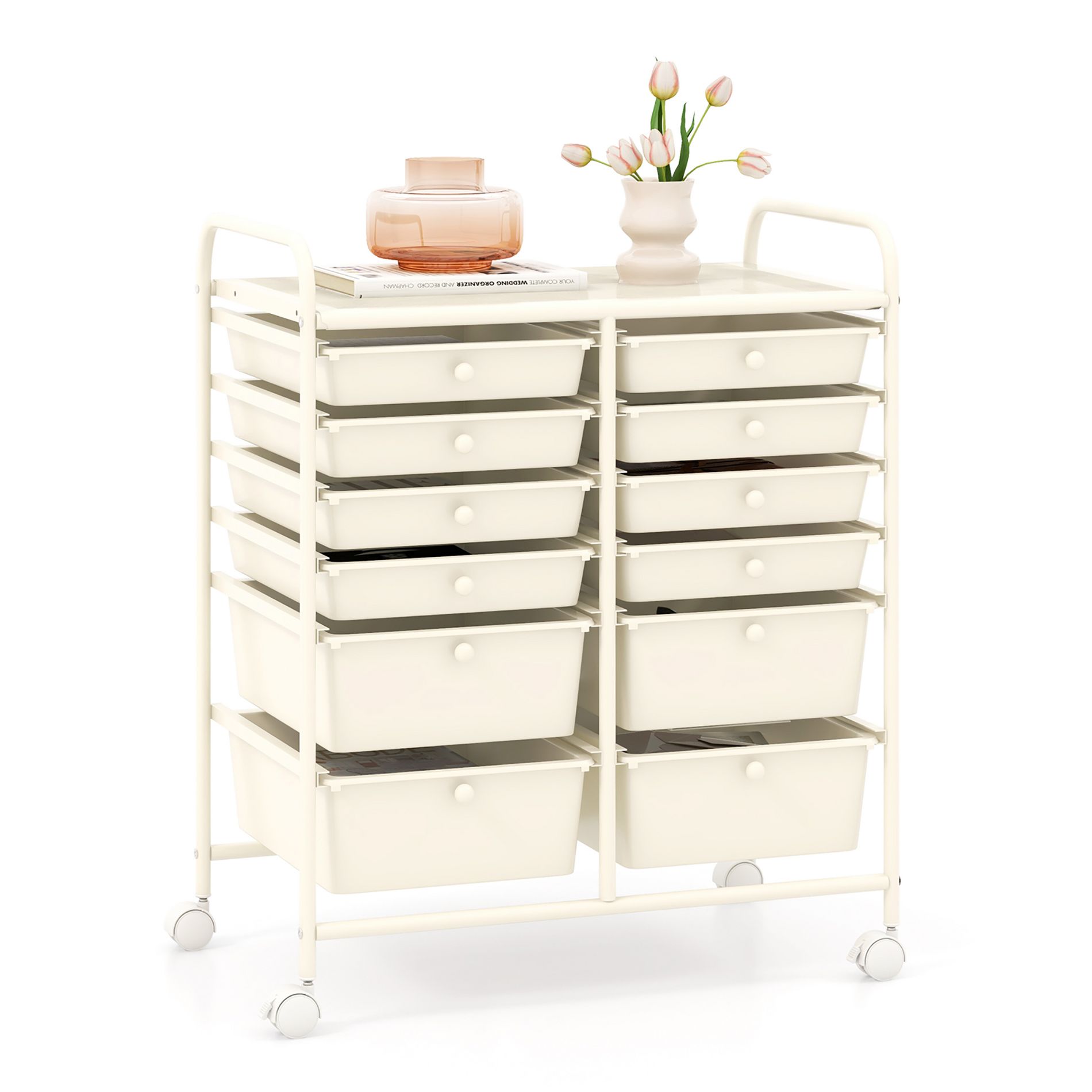 Tangkula 12-Drawer Rolling Storage Cart Multipurpose Organizer Cart with 2 Sizes Plastic Drawers Mobile Utility Cart with Lockable Casters White