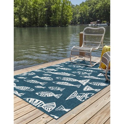 Blue and Ivory Synthetic Coastal Outdoor Rug 9' x 12'