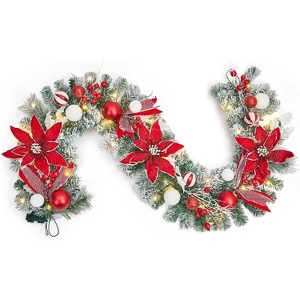 GAOMON Christmas Garland with 20 LED Lights, 6ft Pre Lit Xmas Garland with Artificial Flowers Pinecones Ball Ornaments - 1 of 4