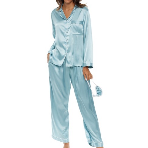 Adr Women's Satin Pajamas Set, Button Down Long Sleeve Top And Matching  Pants With Pockets, Silk Like Pjs Dusty Blue Xl : Target