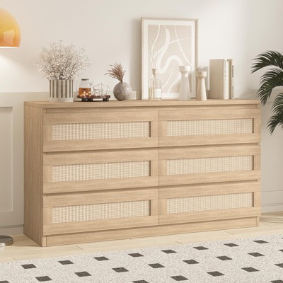 Rattan Dresser for Bedroom, Wood Storage Dresser with 6 Drawers, Modern Wide Dressers & Chest of Drawers with Anti-Tip Kit