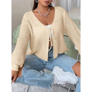 Women's Plus Size Cardigan Hollow Out Open Knit Sweater Ladies Fall Front Tie Shrug - 1 of 4