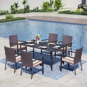 Captiva Designs 7pc Patio Slatted Top Steel Dining Table with Umbrella Hole & Cushioned Armrest Rattan Chairs - 1 of 4