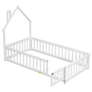 FONTOI Beds, Twin Size Floor Bed with Headboard, Wood Bed with Guardrails and Door for Girls and Boys, White, 44.8"*57.2"*78.2" - 1 of 4