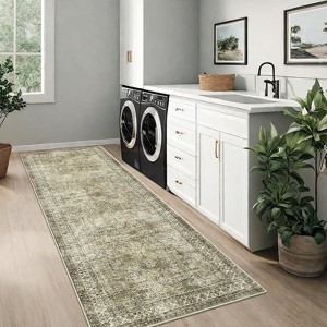Acekool Vintage Runner Rug - 2x8 Non-Slip Washable Carpet in Brown & Green - 1 of 4