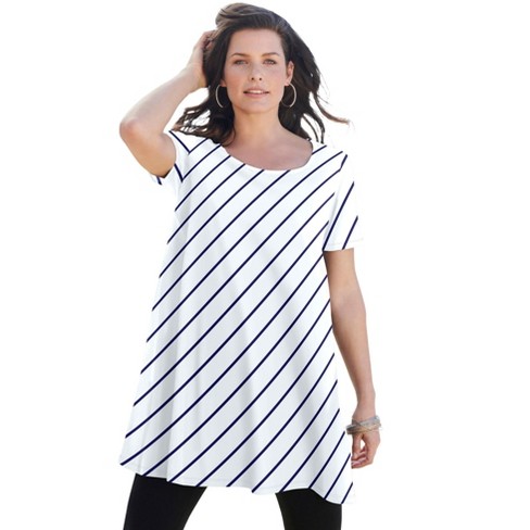 Roaman s Women s Plus Size Scoopneck Swing Ultimate Tunic 12 White Bias Stripe Target