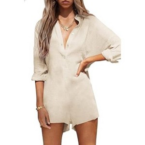 Zeagoo Womens Long Sleeve Rompers Casual Button Down One Piece Shorts Jumpsuit Loose Summer Outfits Beige M - 1 of 4