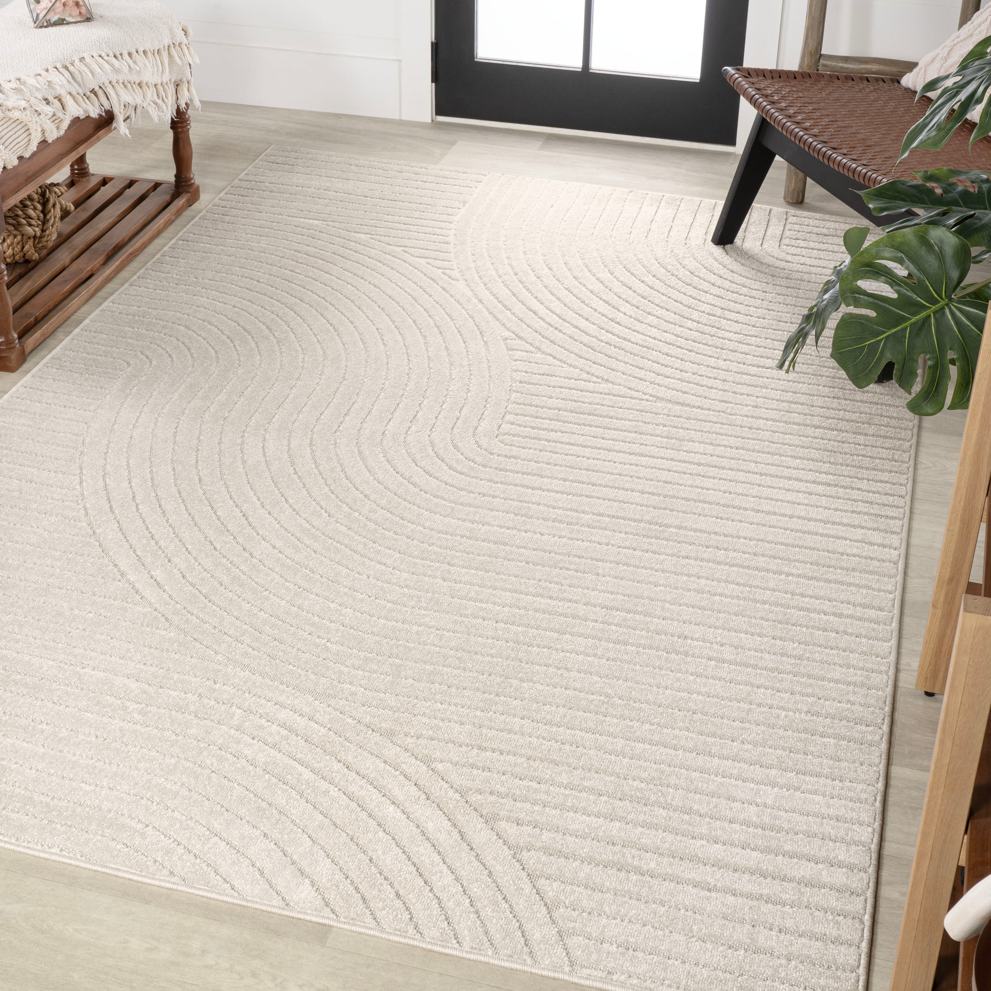 JONATHAN Y Hallie High-Low Minimalist Curve Geometric Ivory/Cream 4 ft. x 6 ft. Indoor/Outdoor Area Rug, Non-Shedding, Easy-Clean