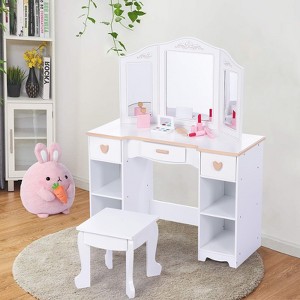 Kids Pretend Play Vanity Set with Tri-Fold Mirror, Stool & Storage - Toddler Makeup Desk for Girls 3+ - 1 of 4