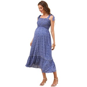 Womens Maternity Smocked Summer Casual Boho Dress Spaghetti Strap Square Neck Sleeveless Maxi Dress Baby Shower Photoshoot - 1 of 4