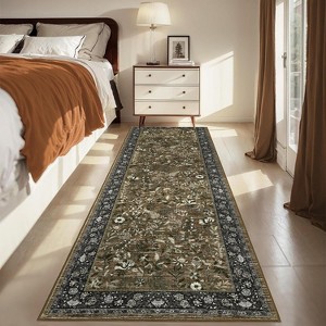 Washable Floral Runner Rug - Non-Slip Rubber Backing, Low-Pile Farmhouse Entryway Carpet, Foldable & Non-Shedding - 1 of 4