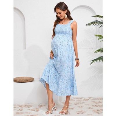 Women's Maternity Dress Boho Spaghetti Strap Square Neck Dress Floral Casual Ruffle Nursing Maxi Dress Baby Shower